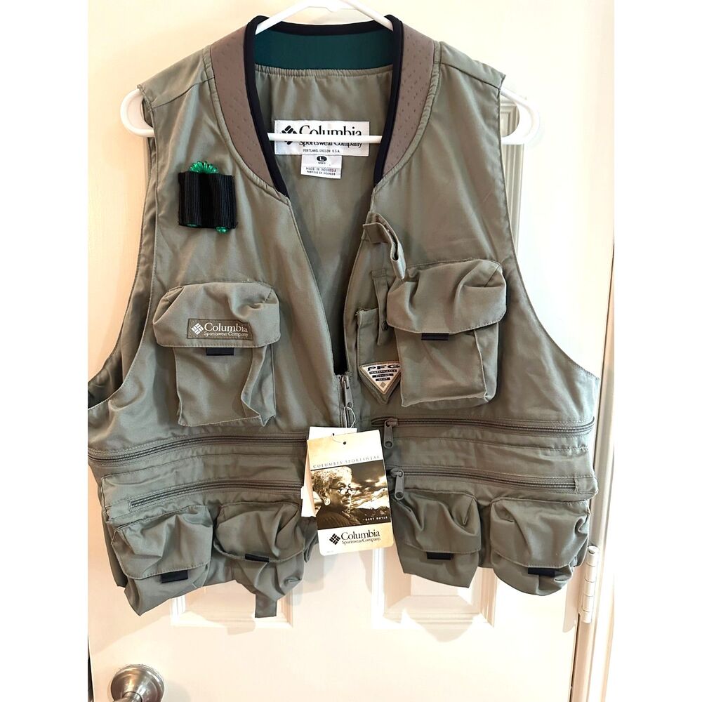 NWT Vintage Columbia PFG Fly Fishing Vest Sage Green Multi-Pocket Utility Large